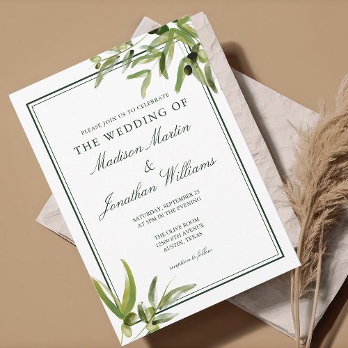 Chic Green Botanical Olive Leaves Garden Wedding Invitation