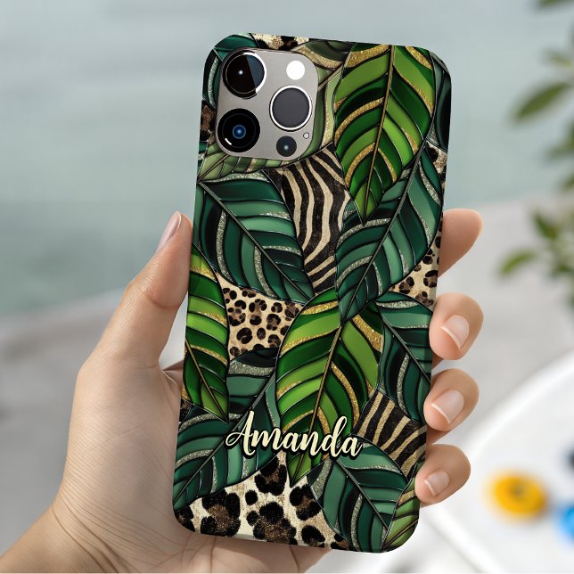 Chic Green Botanical Tropical Leopard Monogram Iphone Case (Creator Uploaded)