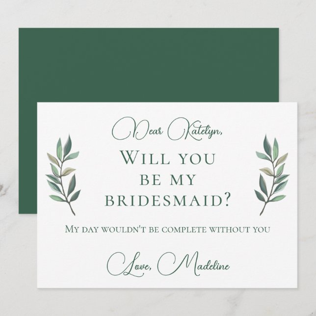 Chic Green Botanical Will You Be My Bridesmaid Invitation (Front/Back)