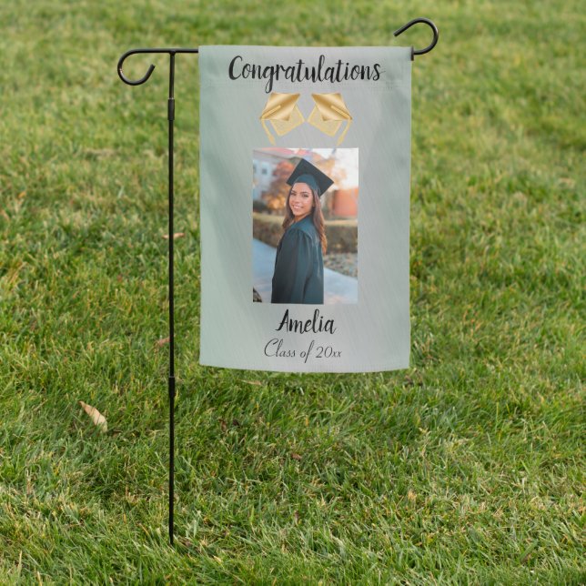 Chic Green Brushed Metallic Graduate & Photo Garden Flag (In SItu)