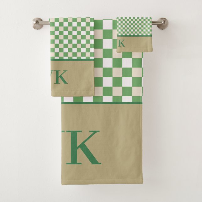 Chic Green Checkerboard Spa Monogram Bath Towel Set (Insitu)