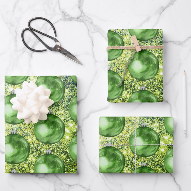 Chic Green Christmas Balls Glitter Sparkles Wrapping Paper Sheets (Front)