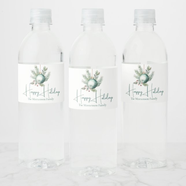 Chic Green Christmas Ornament Holiday Party Water Bottle Label (Bottles)