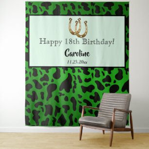 Chic Green, Cow Spots & Gold Horseshoe Birthday    Tapestry