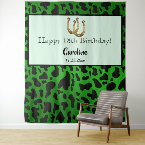 Chic Green Cow Spots  Gold Horseshoe Birthday    Tapestry