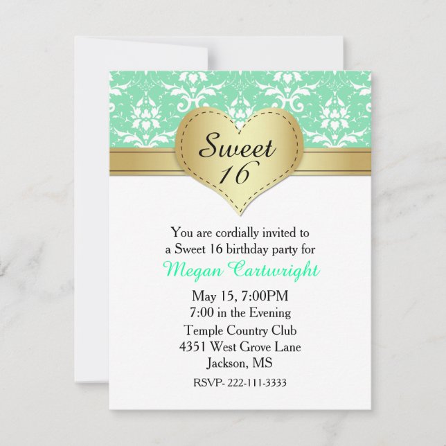 Chic Green Damask Sweet 16 Birthday Invitation (Front)
