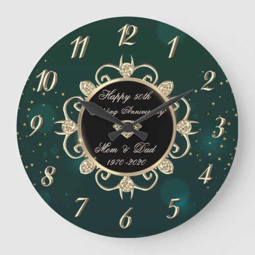 Chic Green Diamonds 50th Wedding Anniversary Large Clock