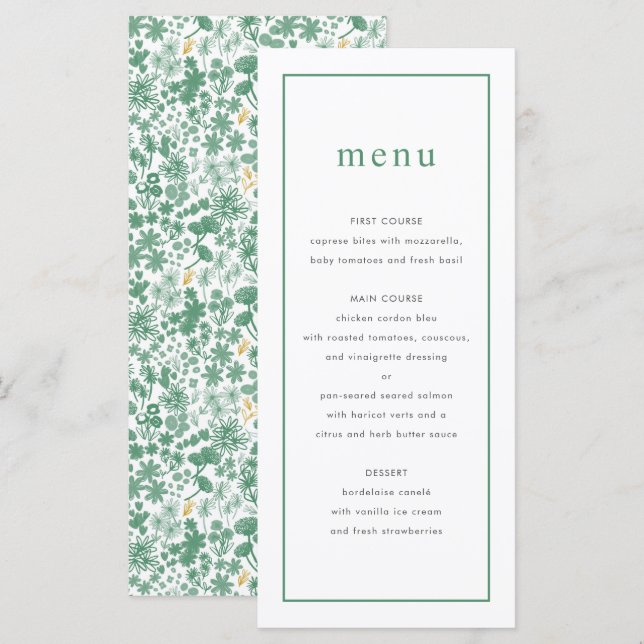 Chic Green Ditzy Floral Wedding Menu (Front/Back)