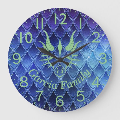 Chic Green Dragon Head  Blue Dragon Scales Large Clock