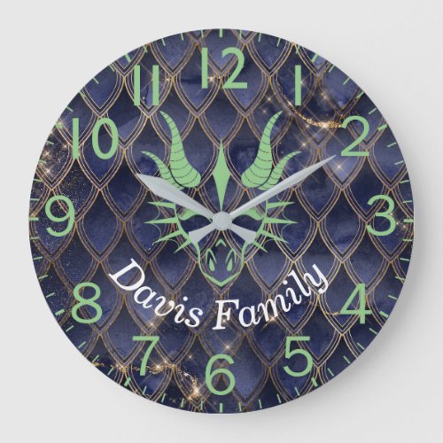 Chic Green Dragon Head on Blue Dragon Scales Large Clock