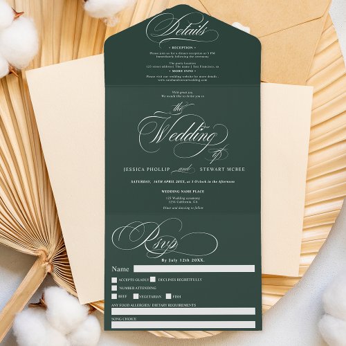 Chic green elegant calligraphy wedding all in one invitation