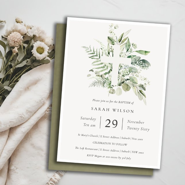 Chic Green Eucalyptus Fern Foliage Cross Baptism Invitation (Creator Uploaded)