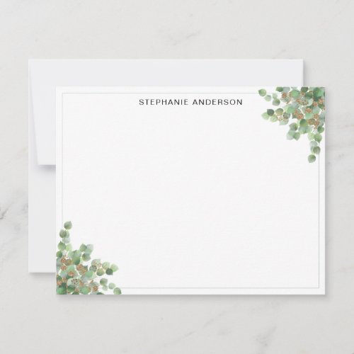 Chic Green Eucalyptus Gold Glitter Watercolor Note Card