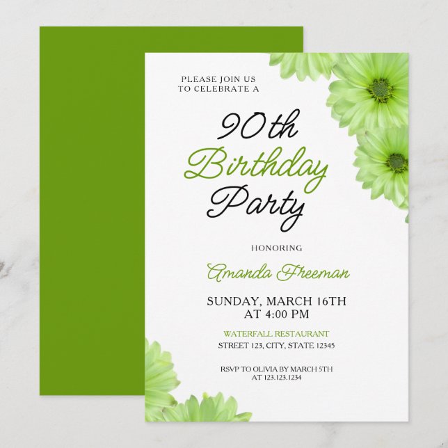 Chic Green Floral 90th Birthday Celebration Invitation (Front/Back)