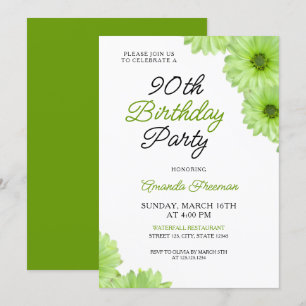 Chic Green Floral 90th Birthday Celebration Invitation