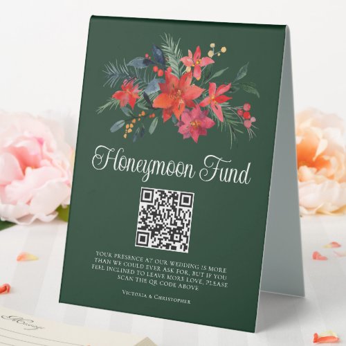 Chic Green Floral Christmas Wedding Honeymoon Fund Table Tent
