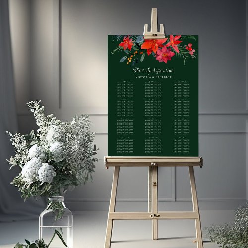 Chic Green Floral Christmas Wedding Seating Chart Foam Board