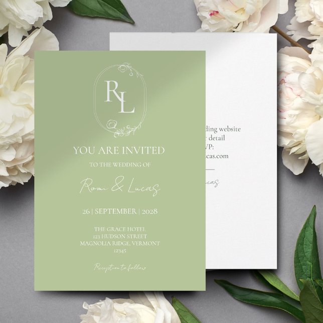 Chic Green Floral Monogram Wedding Invitation (Creator Uploaded)