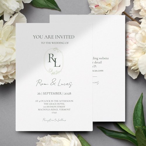 Chic Green Floral Monogram Wedding Invitation