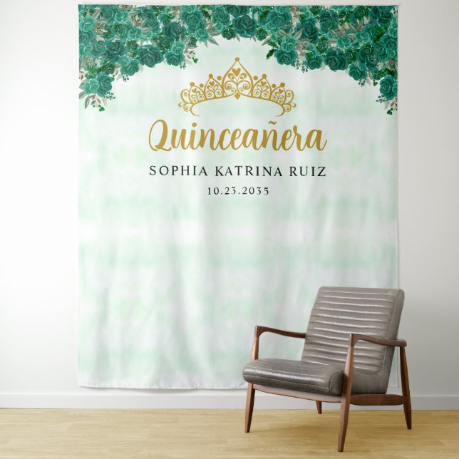 Chic Green Floral Tiara Quinceanera Photo Backdrop (In Situ)