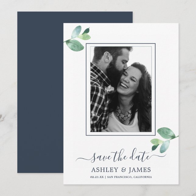Chic Green Foliage Dark Blue Photo Save the Date Invitation (Front/Back)
