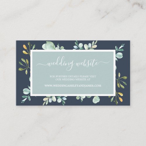 Chic Green Foliage Dark Blue Wedding Website Card