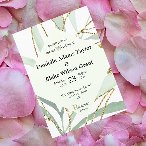 Chic Green Foliage Gold Glitter Wedding Invitation