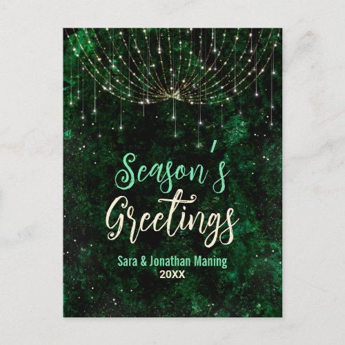 Chic green glitter Christmas lights new year  Postcard