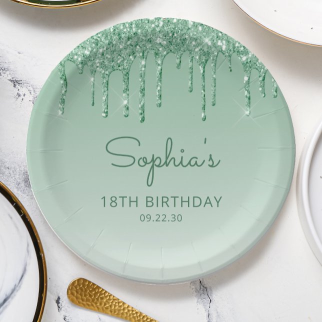 Chic Green Glitter Drip 18th Birthday Party Paper Plates (Creator Uploaded)