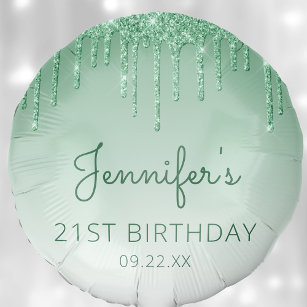 Chic Green Glitter Drip 21st Birthday Party Balloon