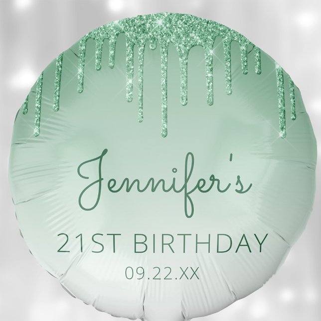Chic Green Glitter Drip 21st Birthday Party Balloon (Creator Uploaded)