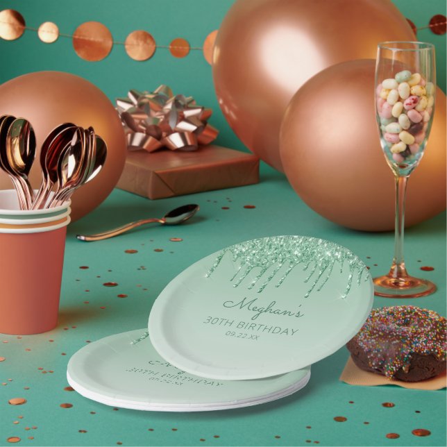 Chic Green Glitter Drip 30th Birthday Party Paper Plates (Multi)