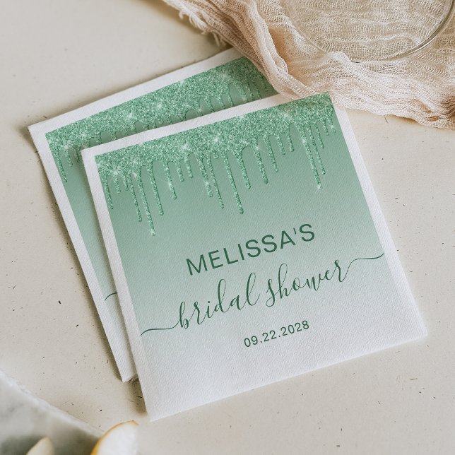 Chic Green Glitter Drip Bridal Shower Napkins (Creator Uploaded)