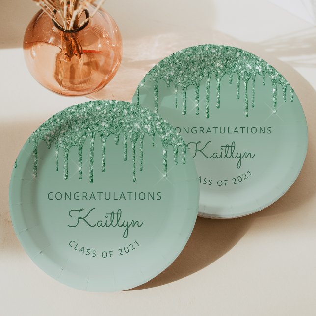 Chic Green Glitter Drip Graduation Party Paper Plates (Creator Uploaded)