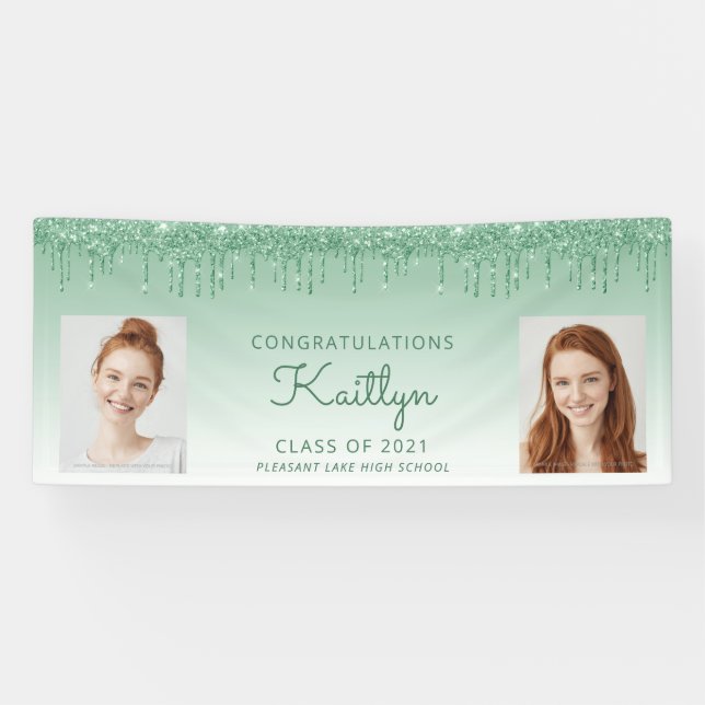 Chic Green Glitter Drip Two Photo Graduation Banner (Horizontal)