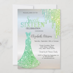 Chic Green Glitter Drips,Diamonds Dress Sweet 16 Invitation