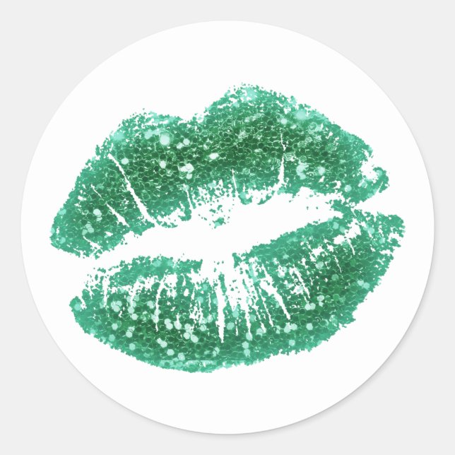 Chic Green Glitter Lips Classic Round Sticker (Front)