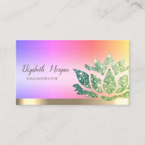 Chic Green Glitter Lotus Flower Yoga  Business Card