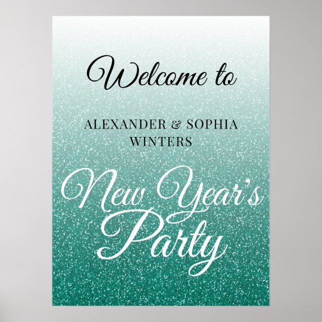 Chic Green Glitter New Years Party Welcome Poster (Front)