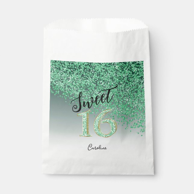 Chic Green Glitter Sweet 16 Birthday Favor Bag (Front)