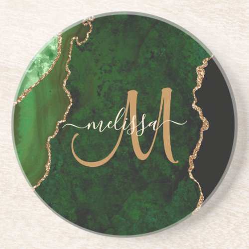 Chic Green Gold Agate Script Custom Monogram Coaster