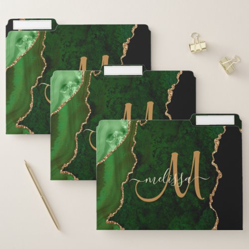 Chic Green Gold Agate Script Custom Monogram File Folder