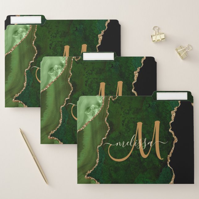 Chic Green Gold Agate Script Custom Monogram File Folder (Set)