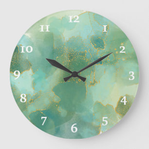 Chic Green Gold Alcohol Ink Watercolor Large Clock