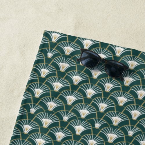 Chic green gold art deco pattern beach towel