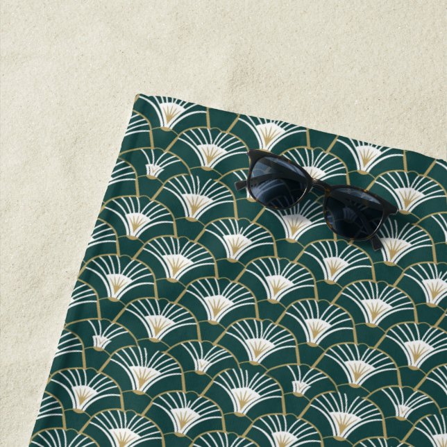 Chic green gold art deco pattern beach towel (In Situ)