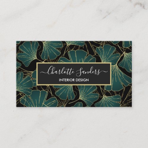 Chic green gold black gingko leaves business card