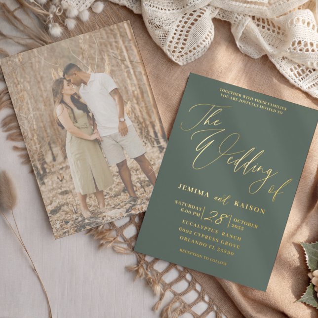 Chic Green & Gold Calligraphy Script Wedding Foil Invitation (Creator Uploaded)