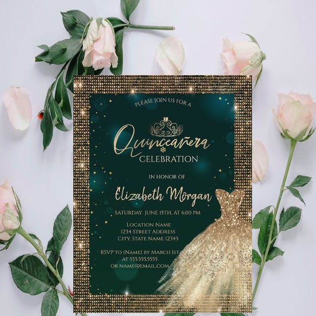 Chic Green Gold Dress Tiara,Diamonds Quinceañera Invitation (Creator Uploaded)