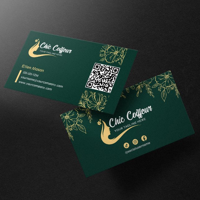 Chic Green Gold Floral Hairstylist Beauty QR Code Business Card (Creator Uploaded)